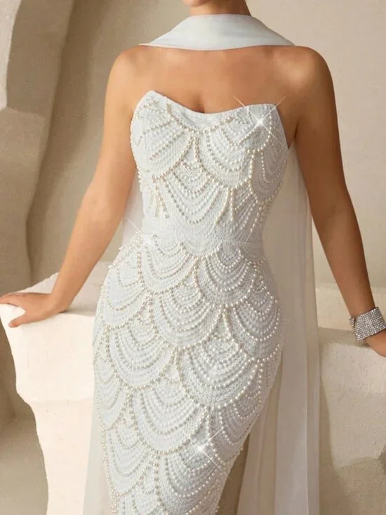 White Elegant Women's Strapbackless Pearl Glamorous Dress - Picture 6 of 6